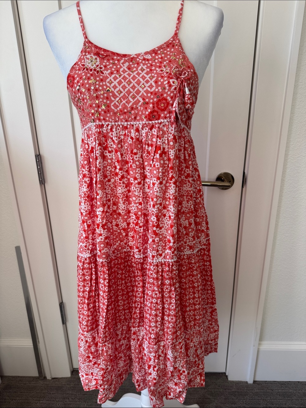 Poupette St. Barth Coral Pink Printed Tiered Sundress